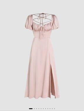 Cider Satin Knotted Puff Sleeve Split Midi Dress